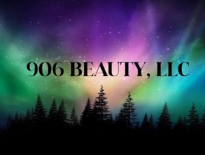 906 Beauty, LLC logo with aurora borealis background. Spas and salons near Big Powderhorn.
