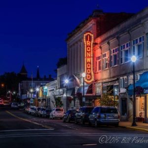 Ironwood Theatre at night, a Powderhorn Village attraction.