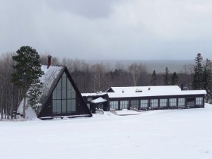 Powderhorn Village ski lodging with A-frame architecture in a snowy Upper Peninsula ski area.