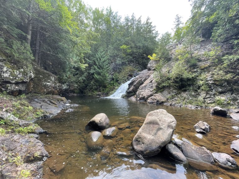 Waterfall cascading into a pool surrounded by rocks and lush greenery, a scenic spot for day trips near Big Powderhorn Mountain.