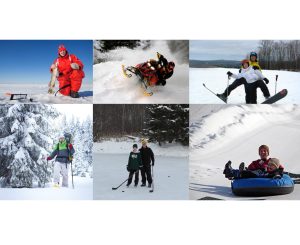 People enjoying various Big Powderhorn winter activities like ice fishing, skiing, and snowmobiling.