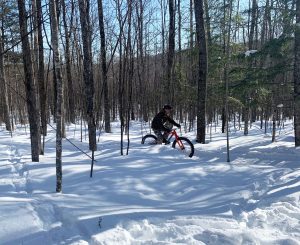 Fat tire bike rider enjoying Big Powderhorn winter activities in the snowy woods.