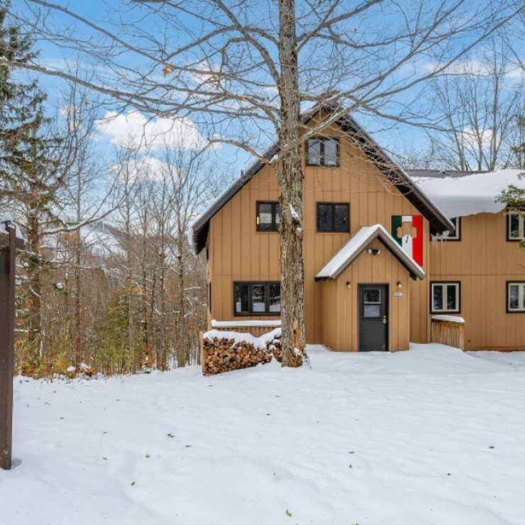 Celtic Haus sign and cozy cabin in a snowy forest setting.