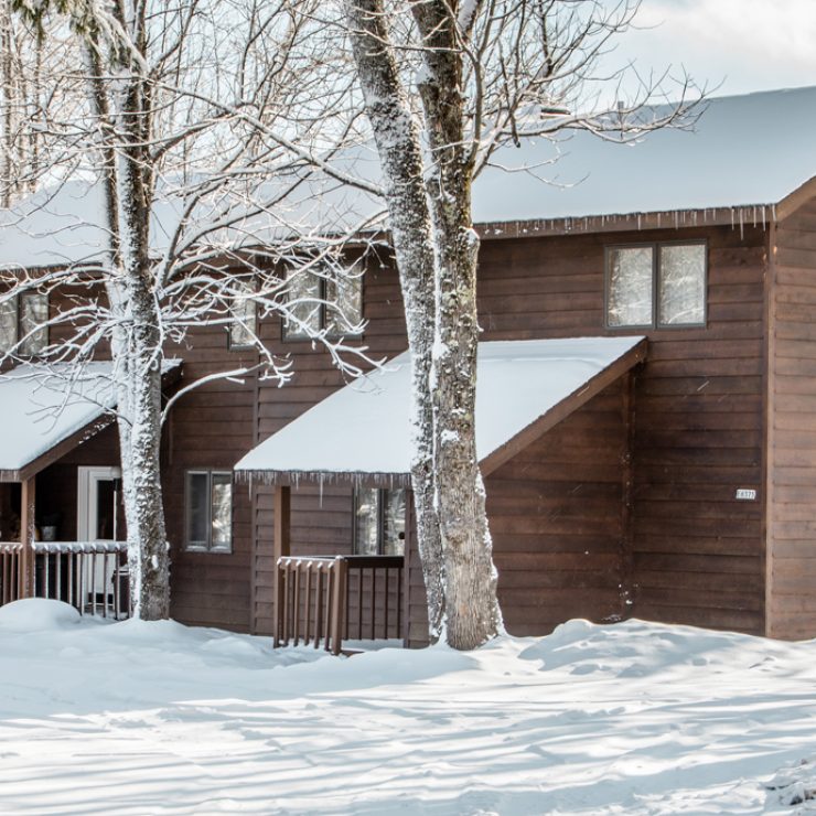 Winter cabin with snow-covered roof and surrounding trees in Winterpark