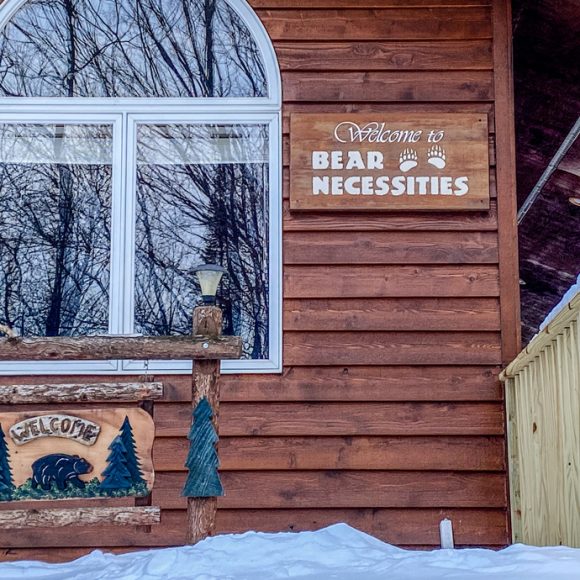 Bear Necessities cabin entrance with snow, wooden welcome sign, and arched window reflecting trees.